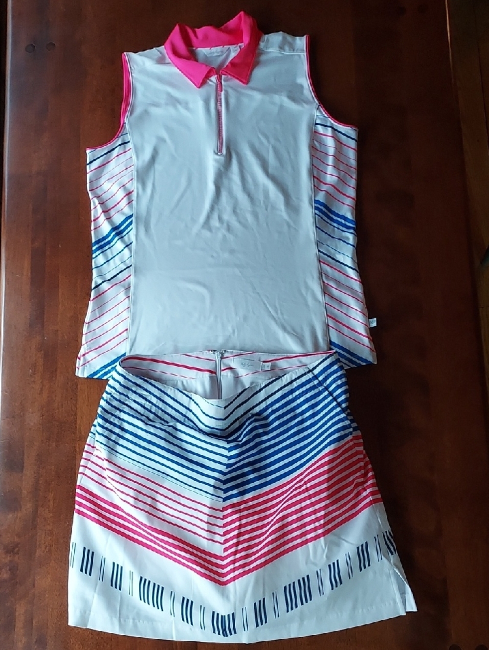 Lady Hagen Set White Sleeveless Polo Set with Pink & Navy Stripes And Zip Skort